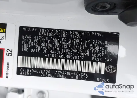 2021 Toyota Camry Se z USA, uszkodzony, nr VIN 4T1G11AK0MU526107